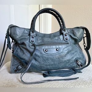 Balenciaga Tempete Blue Lambskin Motorcycle City Handbag